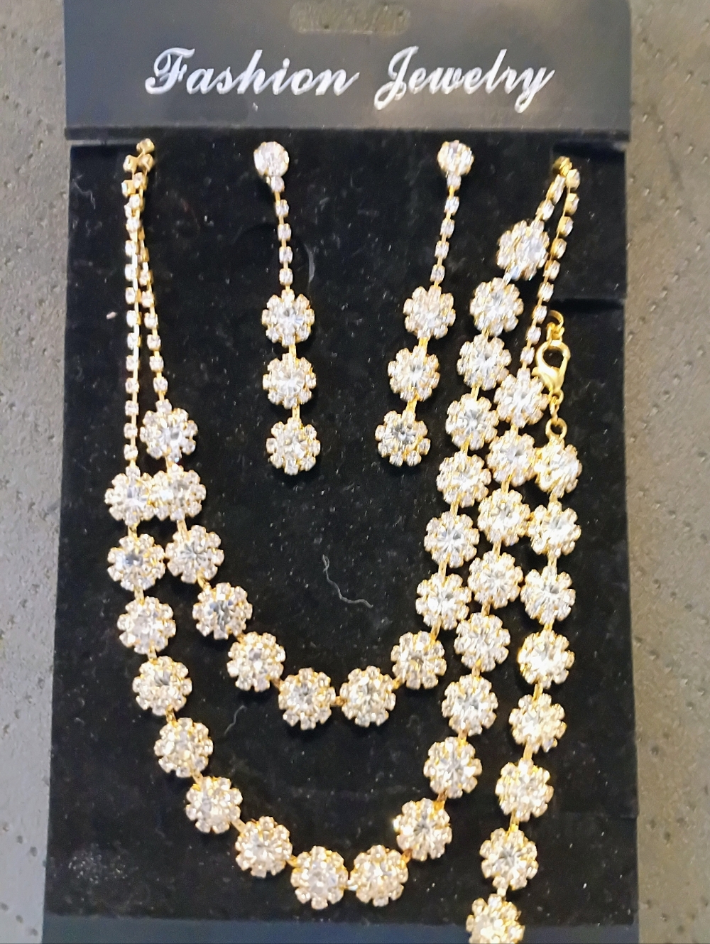 Gold Tone Rhinestone Tennis Necklace Bracelet Earrings Set Bridal Prom Sparkly